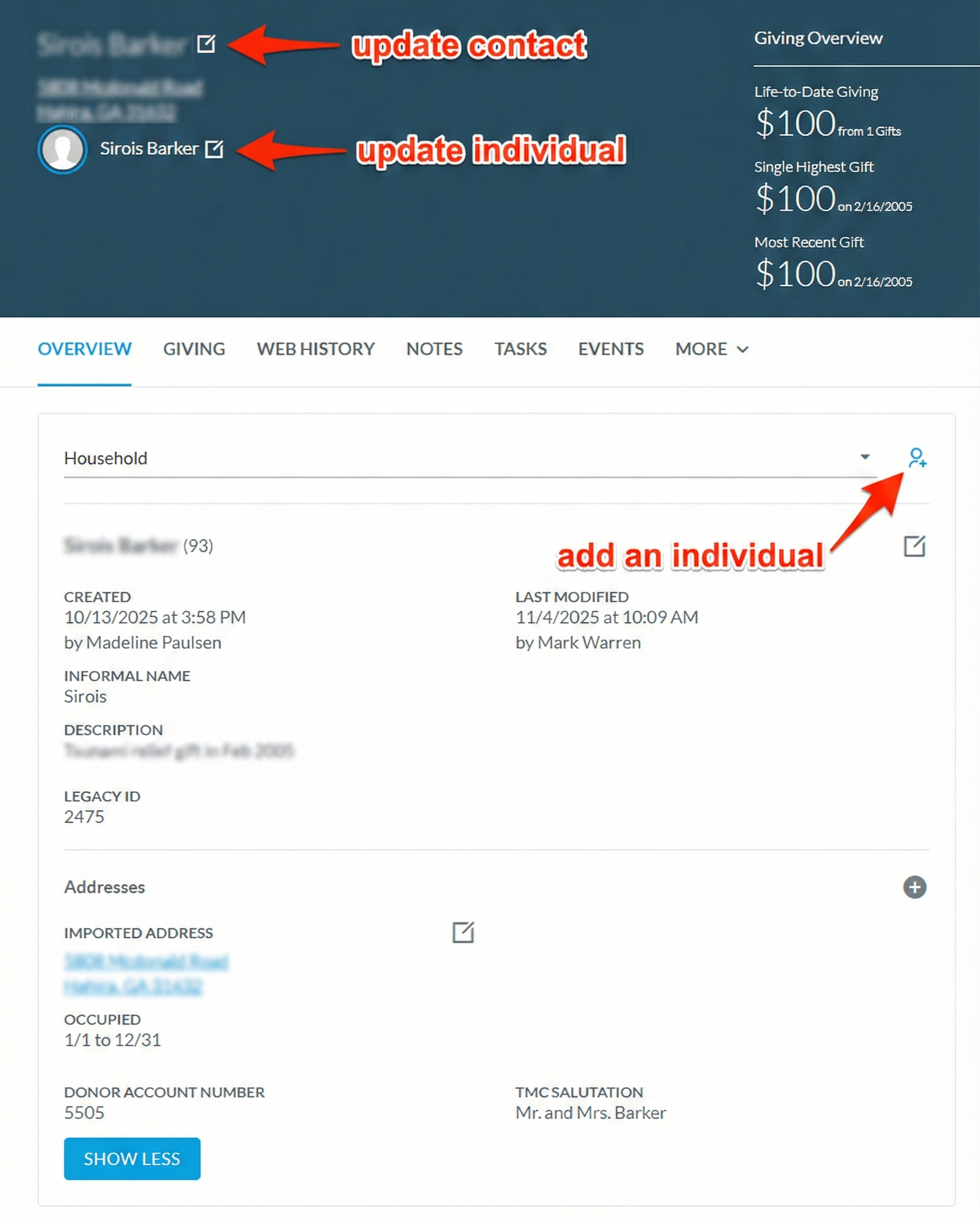 Annotated screenshot showing how to edit a contact vs. an individual in Virtuous CRM. The contact edit button is at the top left next to the contact name. The individual edit button is below it next to the individual's name. A person icon on the right allows adding a new individual.