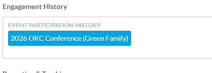 Virtuous contact record showing the Engagement History group with Event Participation History field. The value '2026 OKC Conference (Green Family)' is selected.