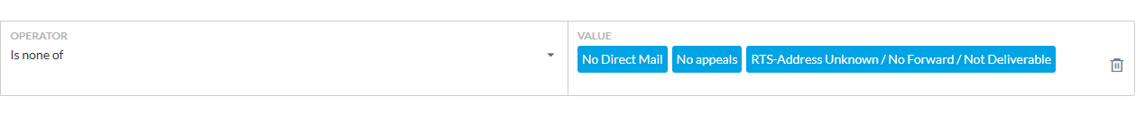Virtuous query builder with Field set to Tag, Operator set to 'Is none of', and Values showing No Direct Mail, No appeals, and RTS-Address Unknown / No Forward / Not Deliverable.