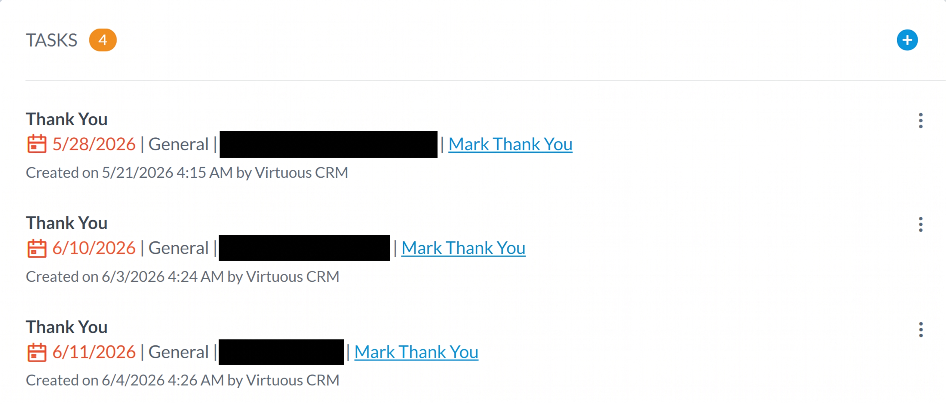 The TASKS panel on the Virtuous dashboard showing three Thank You tasks. Each row has a due date, the word General, a redacted partner name, and the workflow name 'Mark Thank You', followed by a 'Created on ... by Virtuous CRM' line.