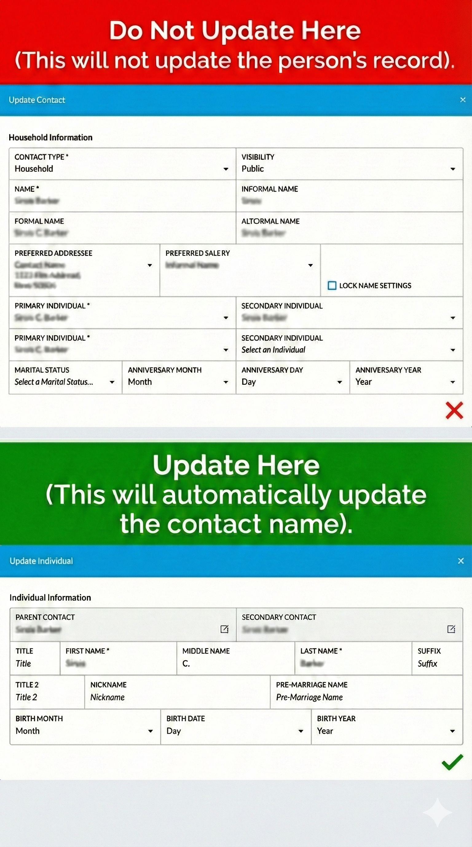 Annotated screenshot comparing the Update Contact form (marked with a red X — do not update here) and the Update Individual form (marked with a green checkmark — update here). Editing the individual automatically updates the contact name fields.
